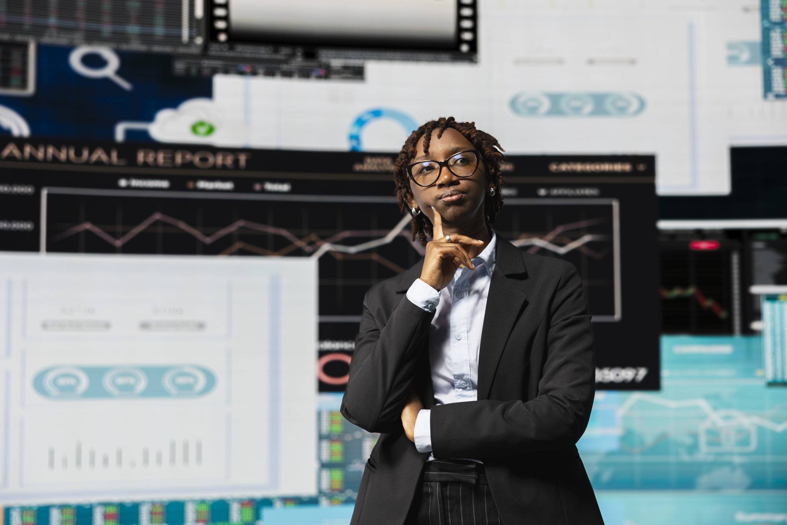 business manager thinks of ideas to increase company profits, looking at screens