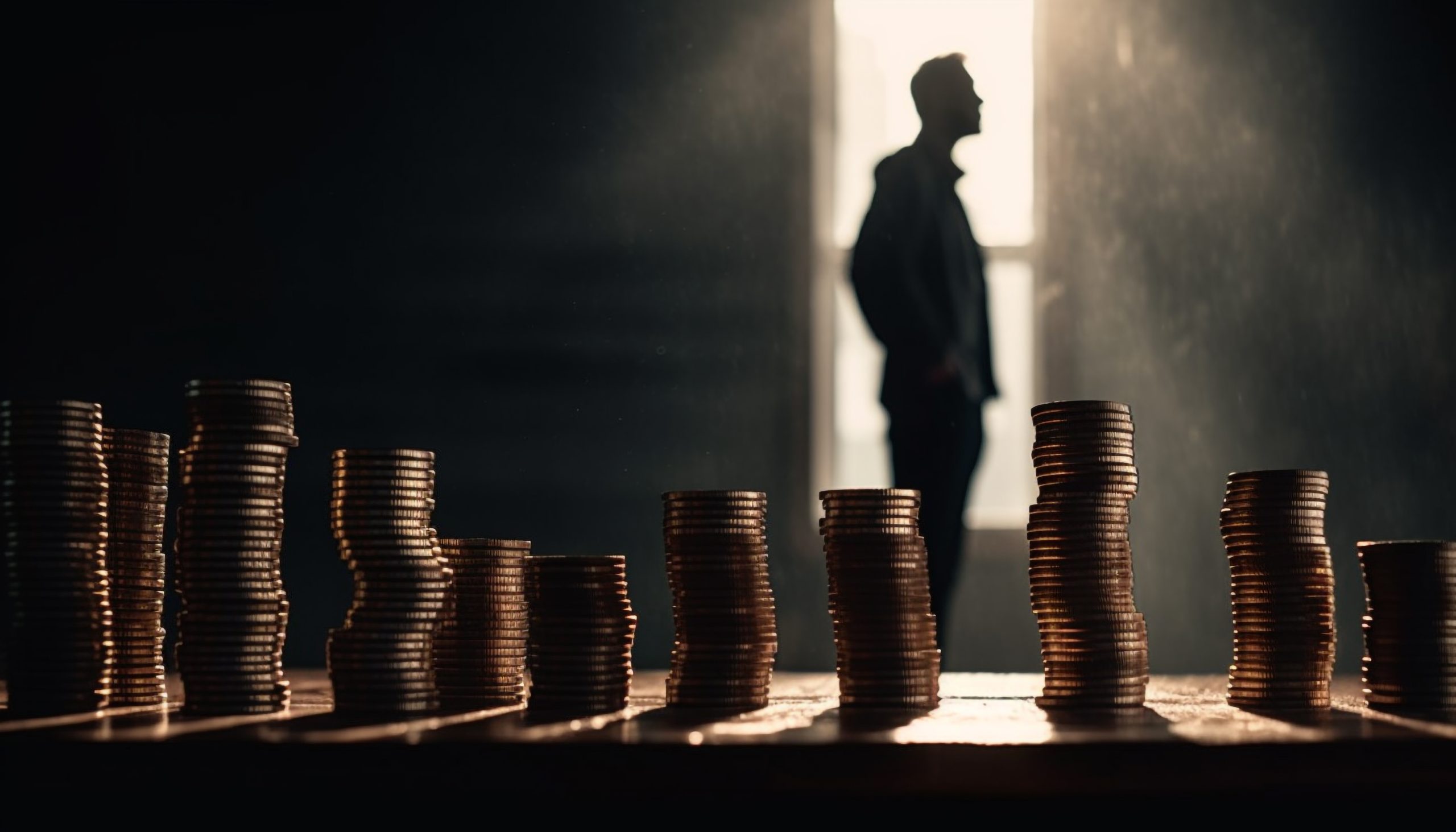 one businessman holds glowing gold coin stack generated by ai